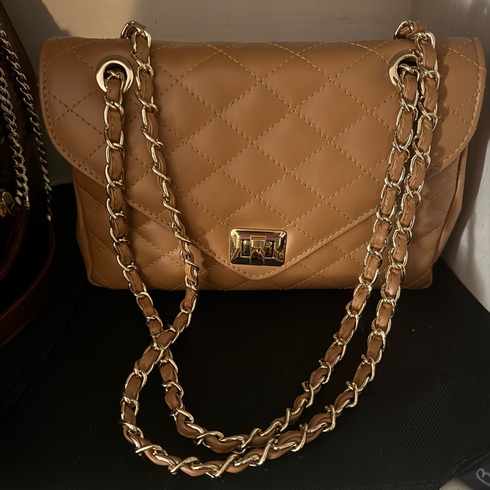 Quilted Tan Chain Shoulder classic flap Bag by Virsa camel and gold
